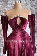 Designer Long Velvet Sequined Long Sleeves Prom Dress With Train