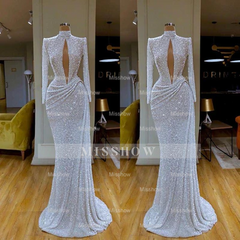 Designer Long White High Neck Long Sleeves Mermaid Sequined Prom Dress