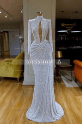 Designer Long White High Neck Long Sleeves Mermaid Sequined Prom Dress