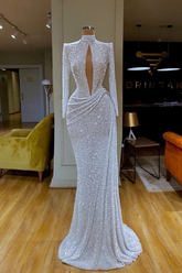 Designer Long White High Neck Long Sleeves Mermaid Sequined Prom Dress