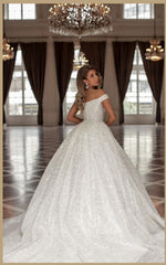 Designer Princess Long White Off-the-shoulder Glitter A-line Wedding Dresses