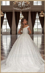 Designer Princess Long White Off-the-shoulder Glitter A-line Wedding Dresses