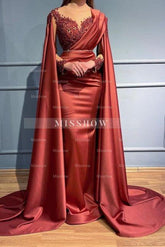 Designer Red Long Mermiad V-neck Lace Evening Dresses With Sleeves