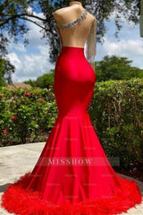 Designer Ruby Tassel Asymmetrical One Shoulder Satin Mermaid Prom Dress with Ruffles