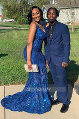 Designer Spaghetti Straps Long Mermaid Lace Sleeveless Prom Dress