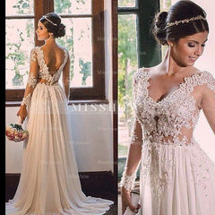 Designer Sweep Train Chiffon V-Neck Lace Backless Wedding Dress