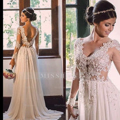 Designer Sweep Train Chiffon V-Neck Lace Backless Wedding Dress