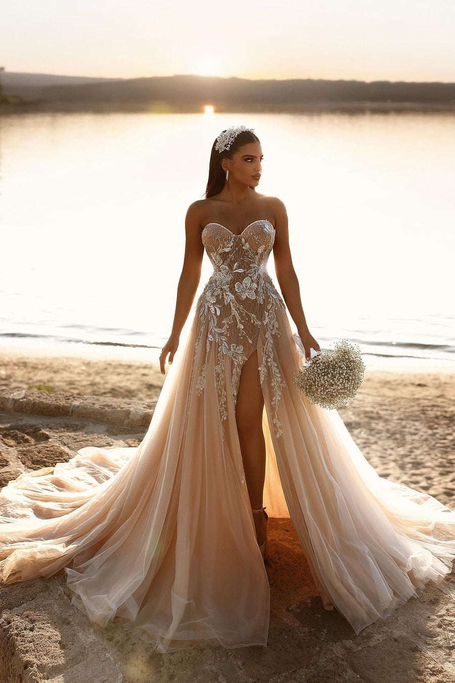 Designer Sweetheart Long A-line Glitter Lace Wedding Dress With Slit Designer Sweetheart Long A-line Glitter Lace Wedding Dress With Slit