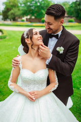 Designer Sweetheart Long White Satin Lace Wedding Dresses With Long Sleeves