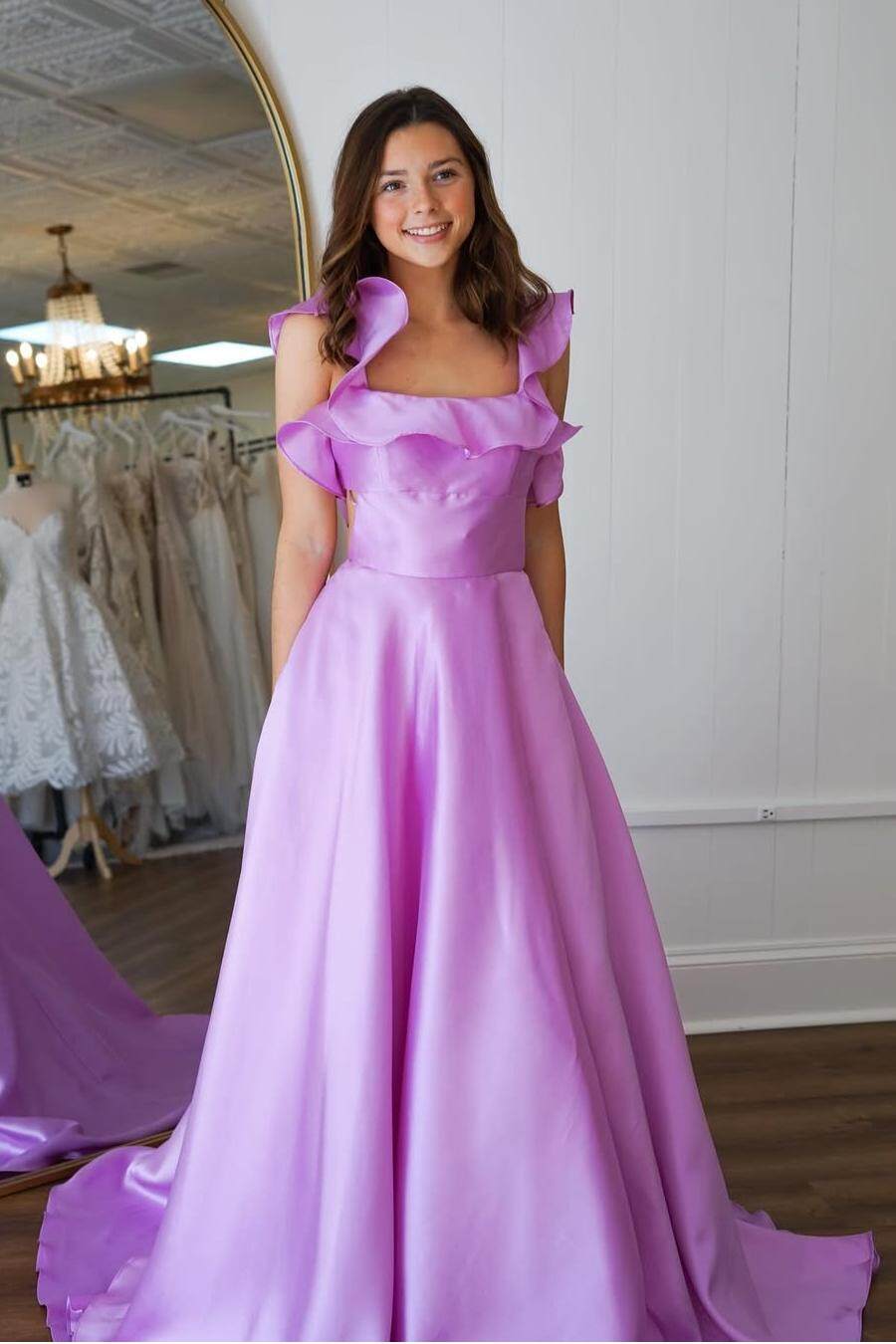 Straps Sleeveless Backless A Line Long Formal Dress With Ruffles