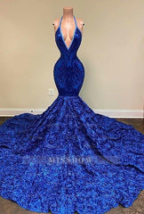 Dignified Blue Halter V-neck Sequins Split Front Sleeveless Floor-length Mermaid Prom Dresses
