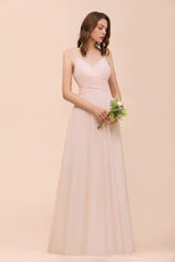 Dusty Pink Sleeveless A-line Wedding Guest Dress Beach Bridesmaid Dress