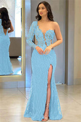 One Shoulder One Long Sleeve Backless Mermaid Split Formal Dress With Appliques