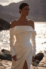 Charming Stain Off-The-Shoulder Long Sleeves Long Pleated Formal Dress With Split