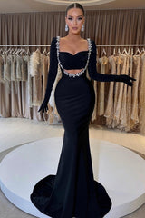 Charming Black Velvet Long Sleeve Beaded Long Mermaid Formal Dress With Gloves