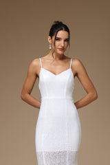 White Formal Dress Spaghetti Strap V Neck Long Sleeveless Mermaid