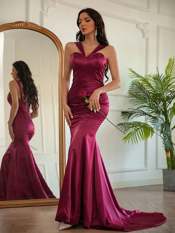 Elegant Deep Red Sleeveless V Neck Mermaid Pleated Long Formal Dress