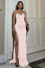 Strapless Sleeveless Mermaid Split Long Formal Dress With Beading