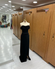 Mermaid Formal Dress Long Black Feather Sequins Sleeveless Strapless