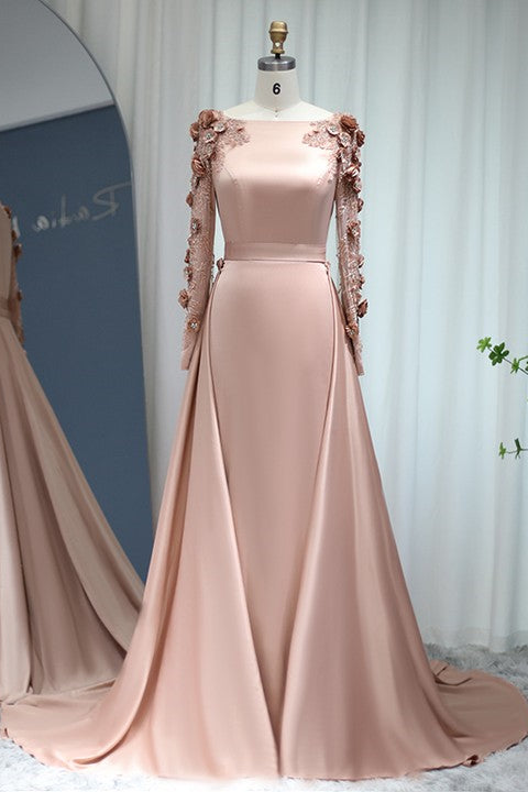 A Line Bateau Formal Dress Long Sleeves Sweep With Flower Appliques