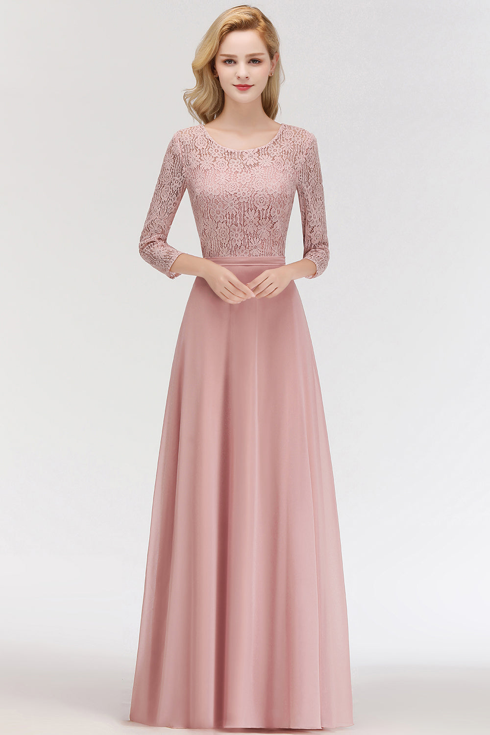 Elegant 3/4 Sleeves Lace Long Dusty Rose Bridesmaid dresses