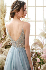 Elegant A-line Blue V-neck Spaghetti Straps Split Front Beading Prom Dress