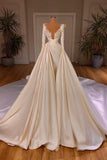 Elegant A-Line Cathedral V-neck Long Wedding Dress With Long Sleeves-misshow.com