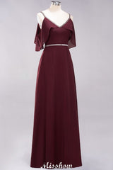 elegant A-line Chiffon V-Neck Spaghetti Straps Sleeveless Floor-Length Bridesmaid Dresses with Beading
