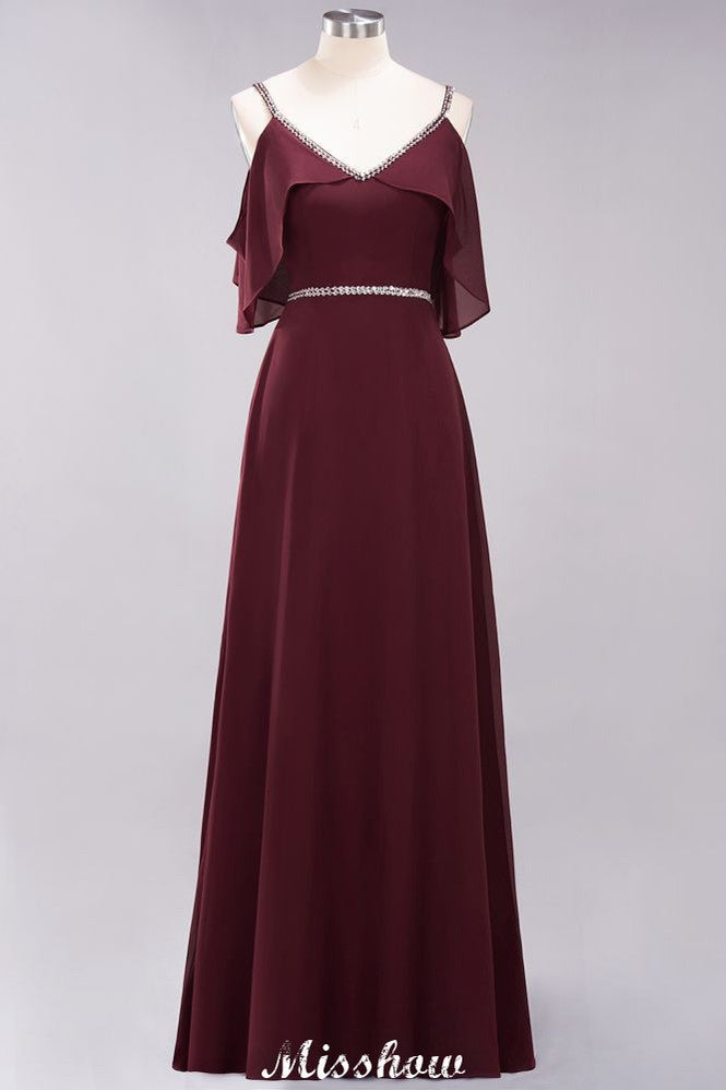 elegant A-line Chiffon V-Neck Spaghetti Straps Sleeveless Floor-Length Bridesmaid Dresses with Beading