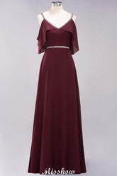 elegant A-line Chiffon V-Neck Spaghetti Straps Sleeveless Floor-Length Bridesmaid Dresses with Beading