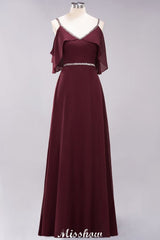 elegant A-line Chiffon V-Neck Spaghetti Straps Sleeveless Floor-Length Bridesmaid Dresses with Beading