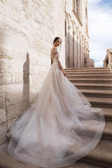 Elegant A-Line Lace Long Sleeves Wedding Dress With Detachable Train
