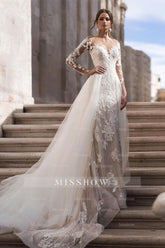 Elegant A-Line Lace Long Sleeves Wedding Dress With Detachable Train