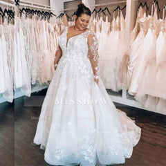 Elegant A-line Lace V-neck Plus Size wedding dresses with Long sleeves