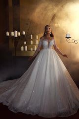Elegant A-line Off-the-shoulder Long Sleeves V-neck Wedding Dress With Lace