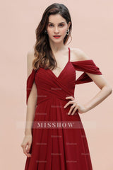 Elegant A-line Off-the-Shoulder V-neck Ruched Long Bridesmaid Dress