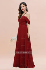 Elegant A-line Off-the-Shoulder V-neck Ruched Long Bridesmaid Dress