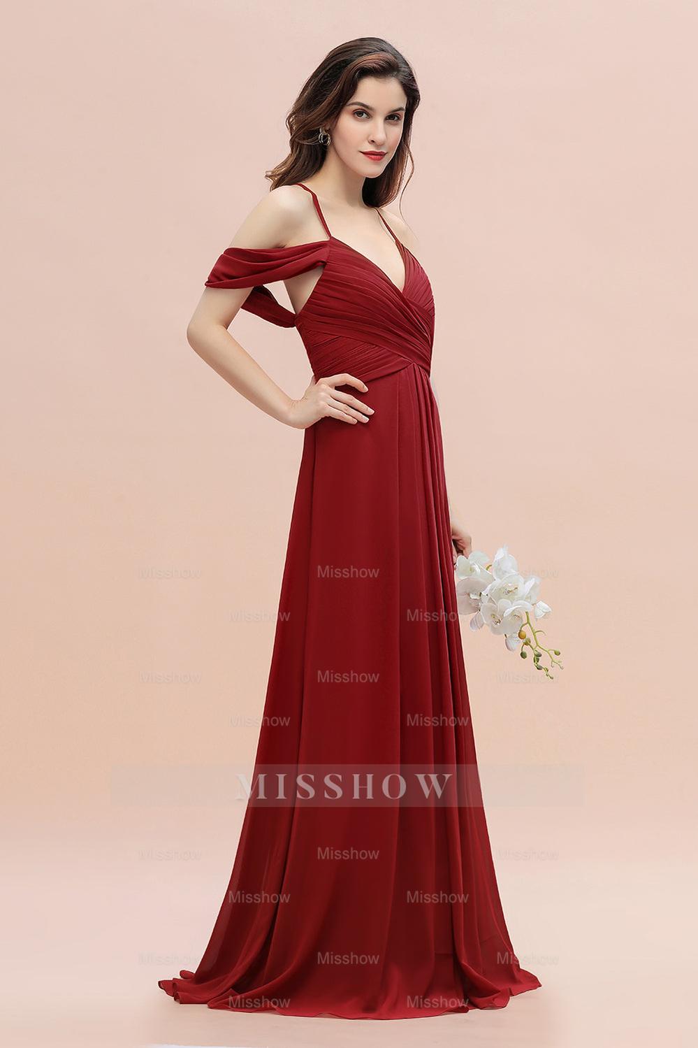 Elegant A-line Off-the-Shoulder V-neck Ruched Long Bridesmaid Dress
