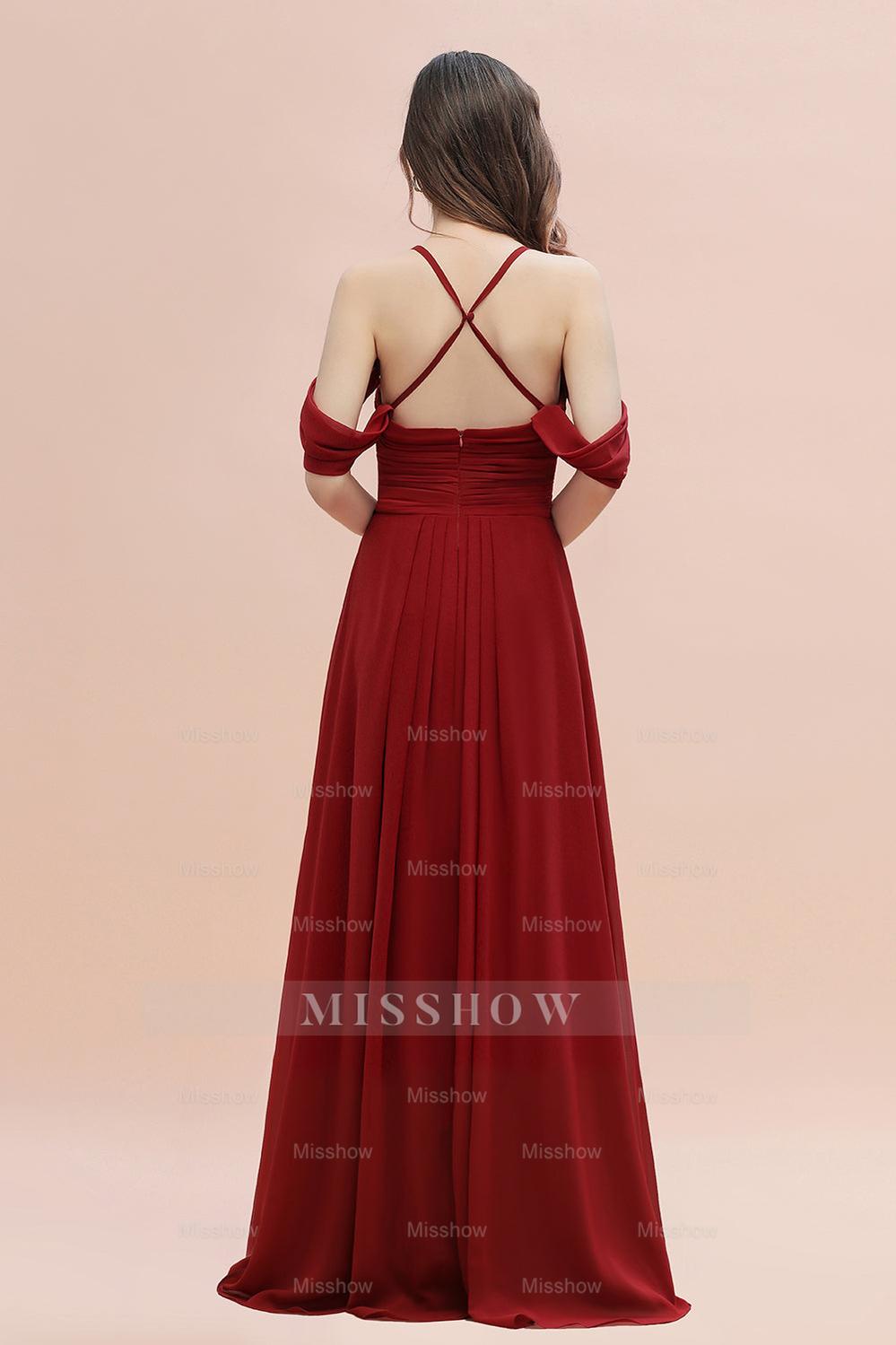 Elegant A-line Off-the-Shoulder V-neck Ruched Long Bridesmaid Dress