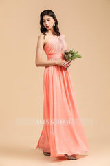 Elegant A-line One Shoulder Coral Chiffon Long Bridesmaid Dress