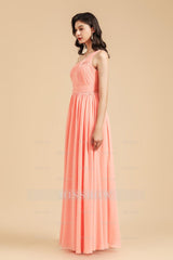 Elegant A-line One Shoulder Coral Chiffon Long Bridesmaid Dress