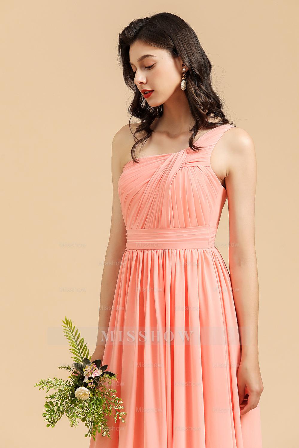 Elegant A-line One Shoulder Coral Chiffon Long Bridesmaid Dress