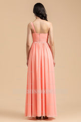 Elegant A-line One Shoulder Coral Chiffon Long Bridesmaid Dress