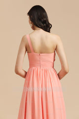 Elegant A-line One Shoulder Coral Chiffon Long Bridesmaid Dress