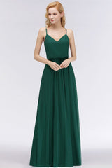Elegant A-line Spaghetti Chiffon Bridesmaid Dresses V-neck Evening Maxi Gown