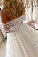 Elegant A-line White Off-the-Shoulder Pearls Sleeveless Wedding Dress