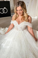 Elegant A-line White Off-the-Shoulder Pearls Sleeveless Wedding Dress