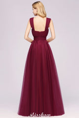 Elegant aline Sleeveless Tulle Evening Maxi Gown Burgundy Straps Bridesmaid Dress