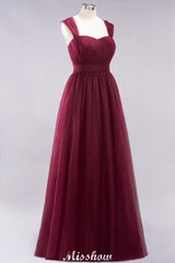 Elegant aline Sleeveless Tulle Evening Maxi Gown Burgundy Straps Bridesmaid Dress