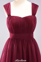 Elegant aline Sleeveless Tulle Evening Maxi Gown Burgundy Straps Bridesmaid Dress